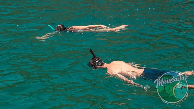 Duas pessoas flutuam de bruços com máscara e snorkel em água verde-azulada e transparente, numa parada de passeio de lancha na Costa Sul de São Sebastião