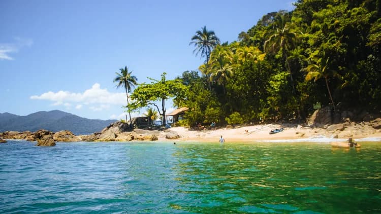 Pequena praia com coqueiros, mata e casinha à beira de água verde-azulada, vista do mar nas ilhas da Costa Sul de São Sebastião